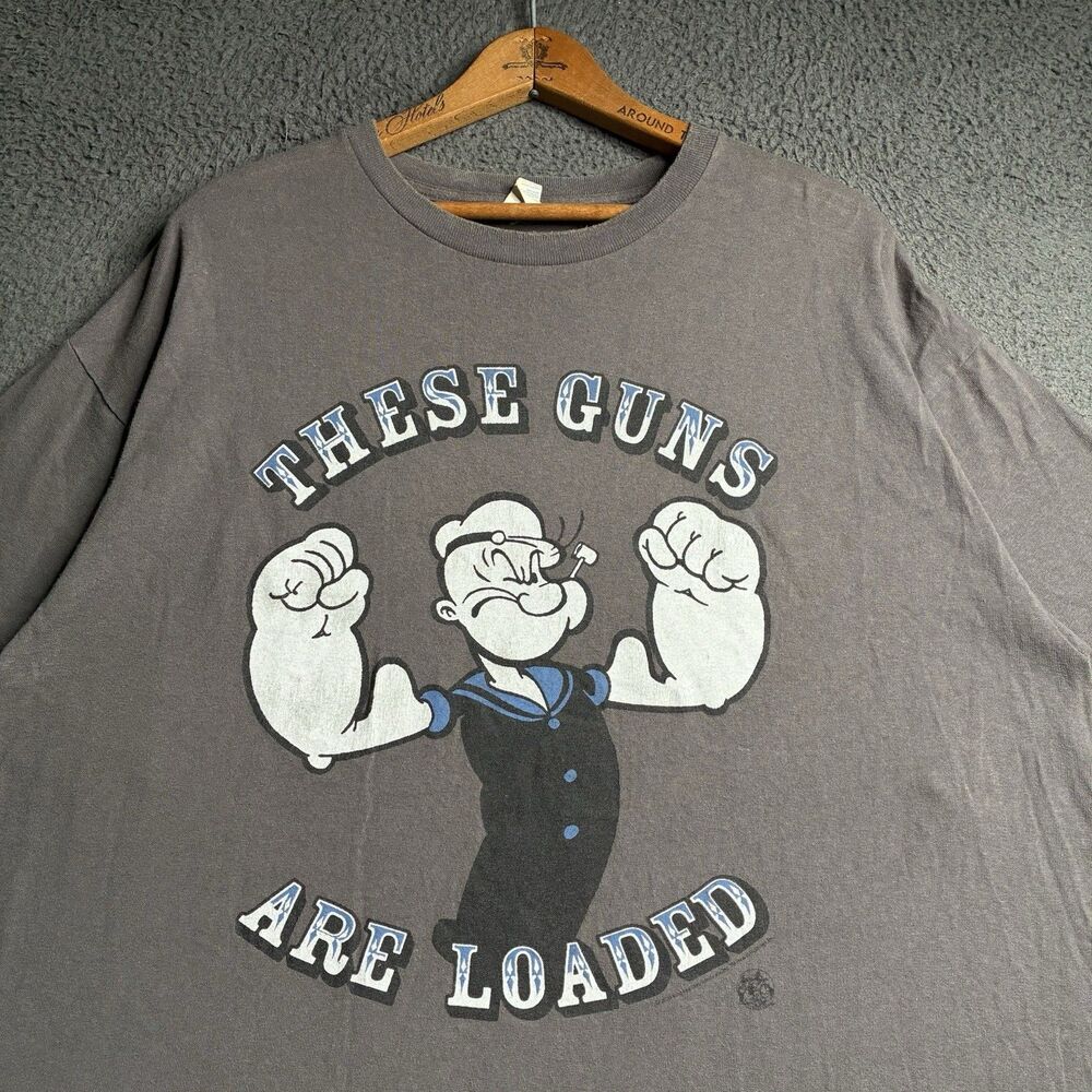 Popeye The Sailor Man These Guns Are Loaded Mens XL T-Shirt Gray Muscles Graphic
